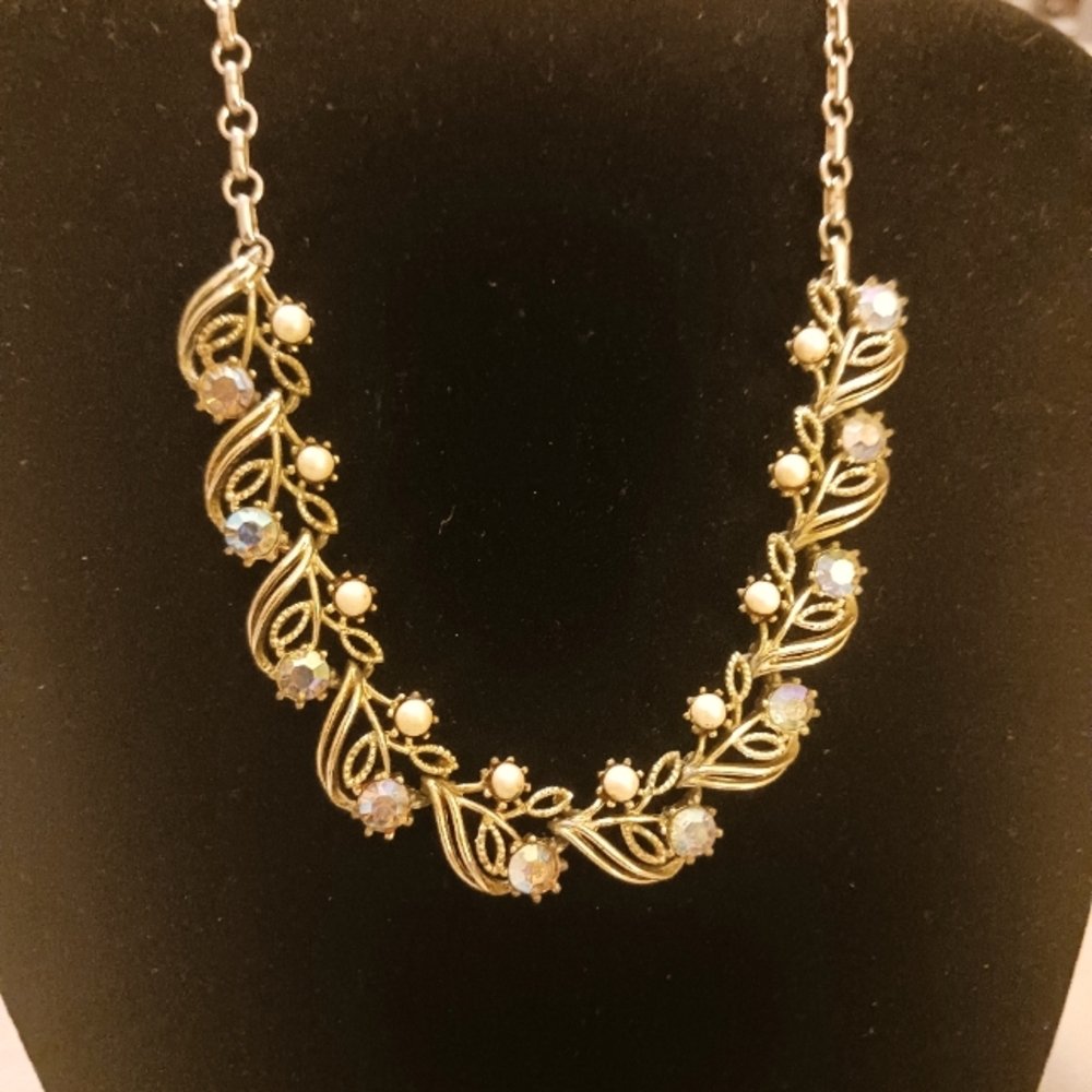 Vintage Signed Coro Rhinestone and Faux Pearl, Silver Tone Choker Necklace.